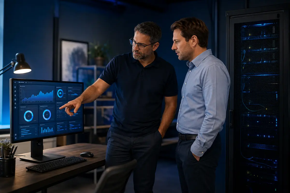 IT specialist and business owner reviewing a private AI deployment beside secure server infrastructure