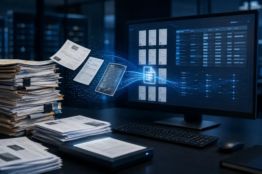 Paper business records being converted into searchable digital information